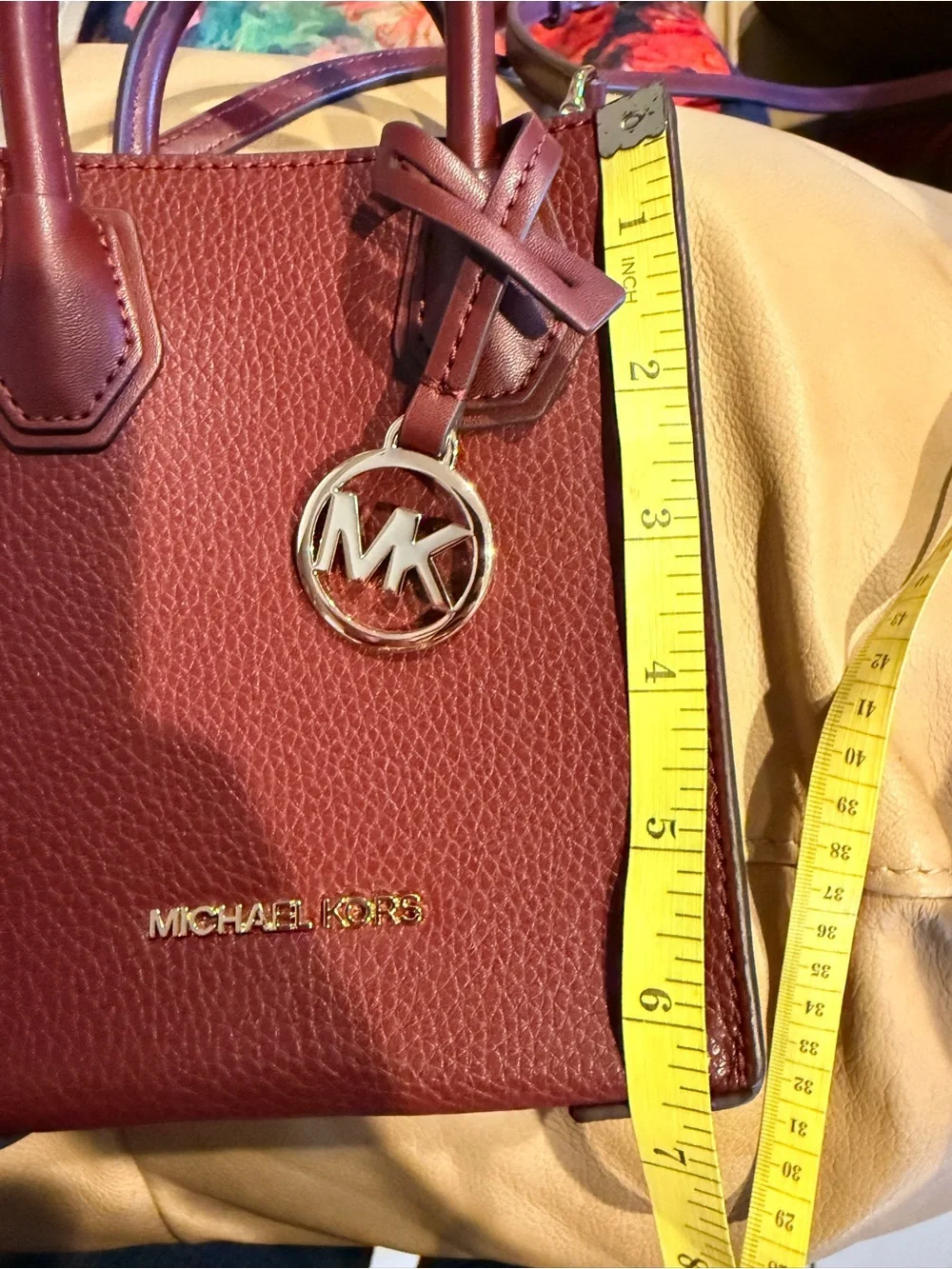 Michael Kors Wine Pebbled Leather Mini Satchel with Gold MK Charm